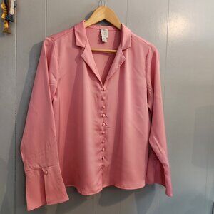 Joie silk satin pink button front bell long sleeve blouse top shirt